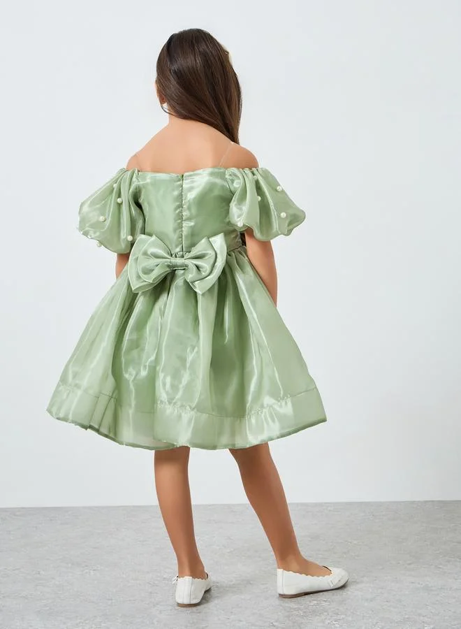 Take Two  Girls Green Pearl Puff Faux Pearl Embellished Dress for Women | Best Price UAE